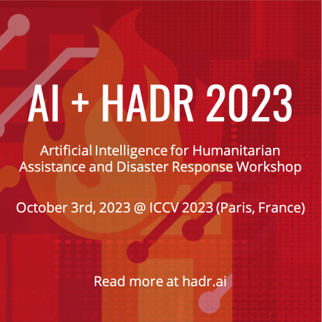 Text with the title "AI + HADR 2023" over a red background of illustrated fire and circuitboards